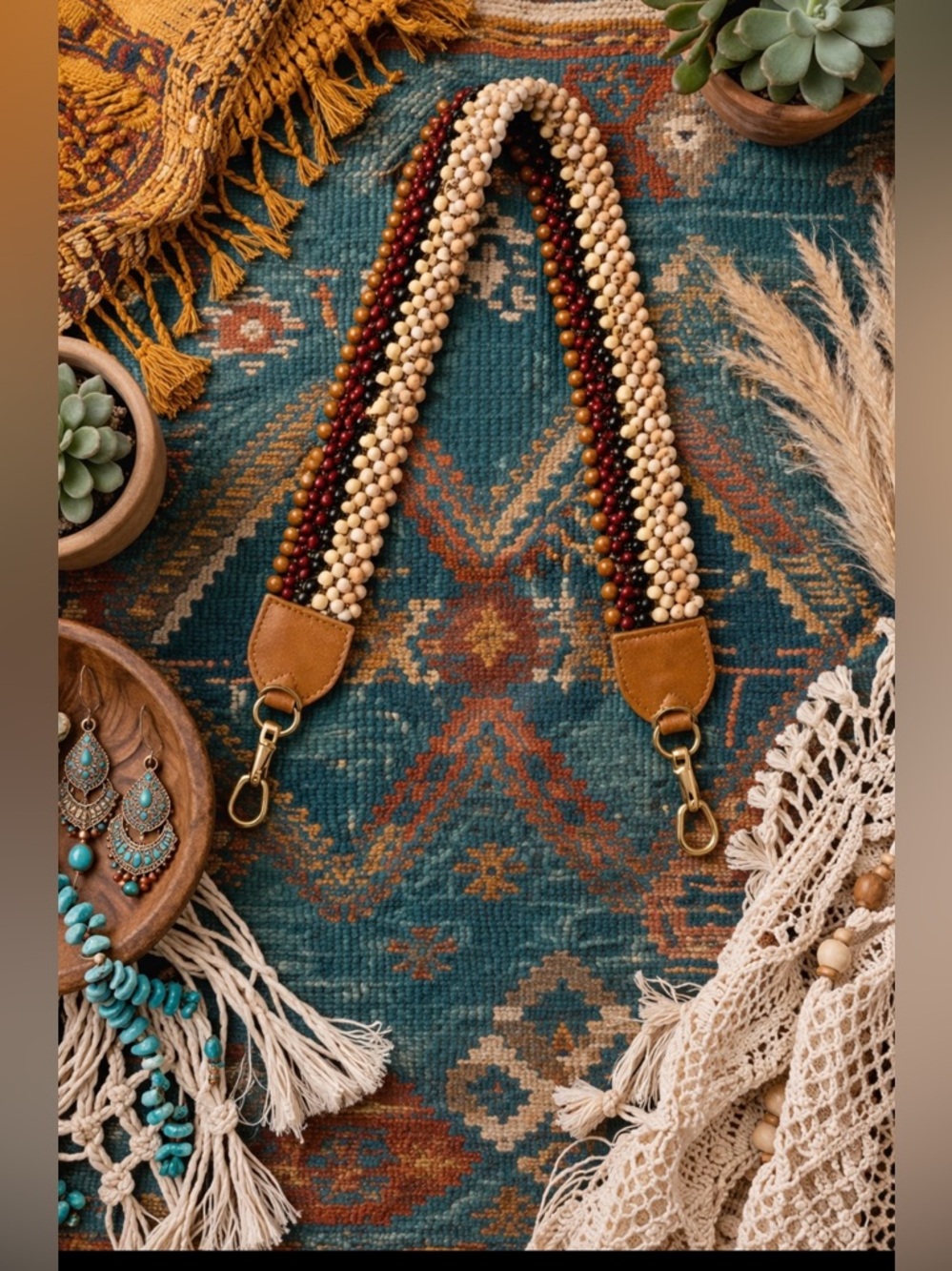 Anthropologie Beaded Bag Strap Boho Wood Multi